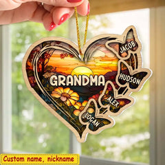 Personalized Christmas Mom Grandma Butterfly Heart Stained Glass Pattern Acrylic Ornament