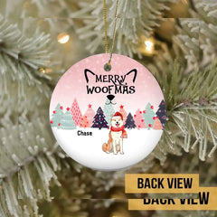 Personalised Merry Woofmas Pinktone Circle Ceramic Ornament - Personalized Dog Lovers Decorative Christmas Ornament