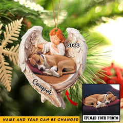 Personalized upload your sleeping dog or sleeping cat photo cherub acrylic ornament print