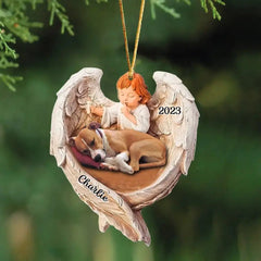 Personalized upload your sleeping dog or sleeping cat photo cherub acrylic ornament print