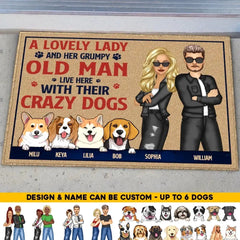 Personalized A Lovely Lady And Her Grumpy Old Man Live Here With Their Crazy Dog Couple Dog Lovers Doormat Printed