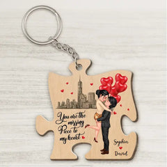 The Missing Piece To My Heart Doll Couple Hugging Kissing Gift For Him For Her Personalized Wooden Keychain